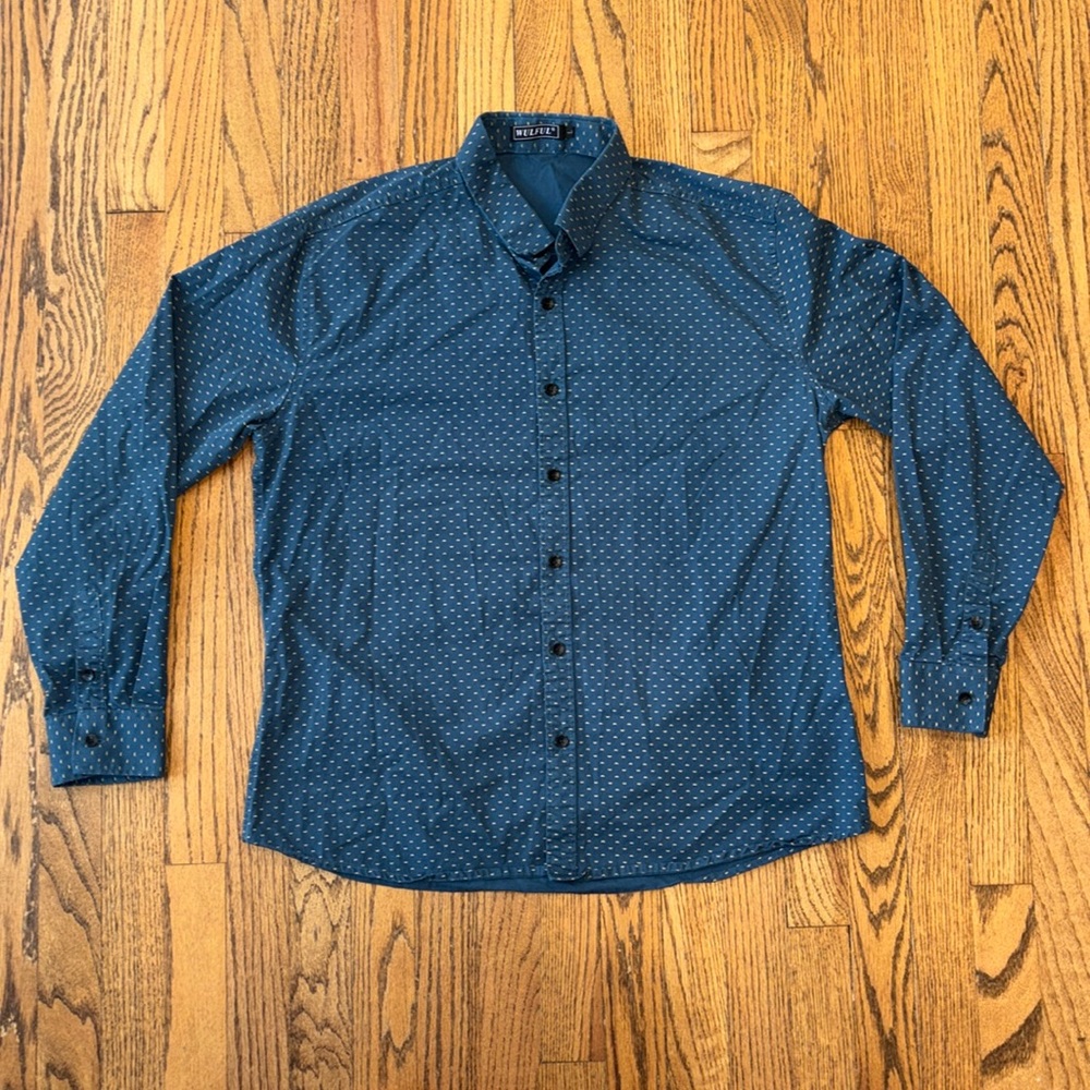 WULFUL Mens Blue Long Sleeve Button Down Casual‎ Shirt with M Pattern Sz Large